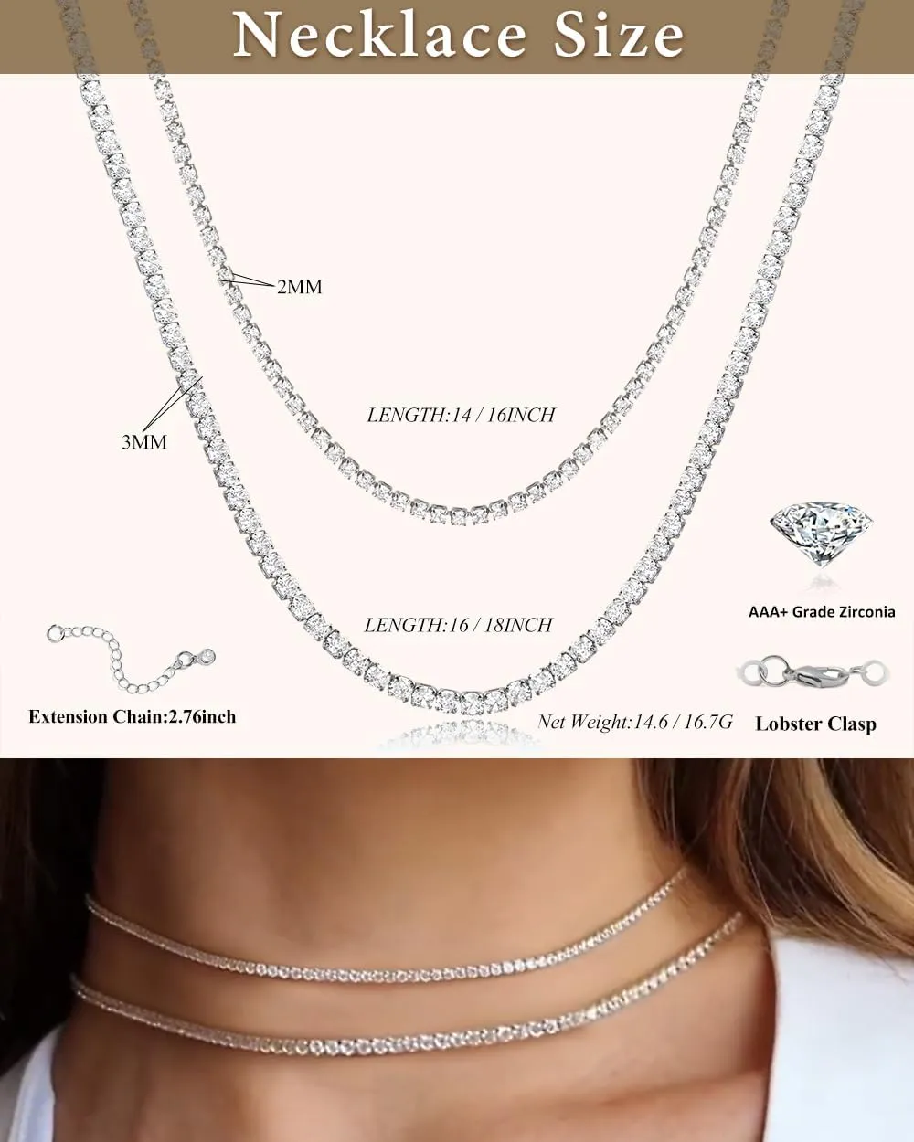 Double Layer Tennis Necklaces for Women - Dainty 14K Gold and Silver CZ Tennis Necklace Simple Tennis Chain Sparkly Cubic Zirconia Choker Necklaces for Women Trendy Bridal Wedding Prom Jewelry