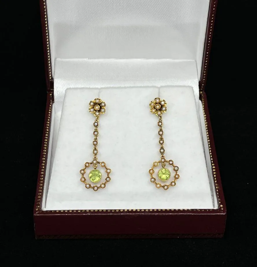 Edwardian Peridot and Pearl Drop Earrings