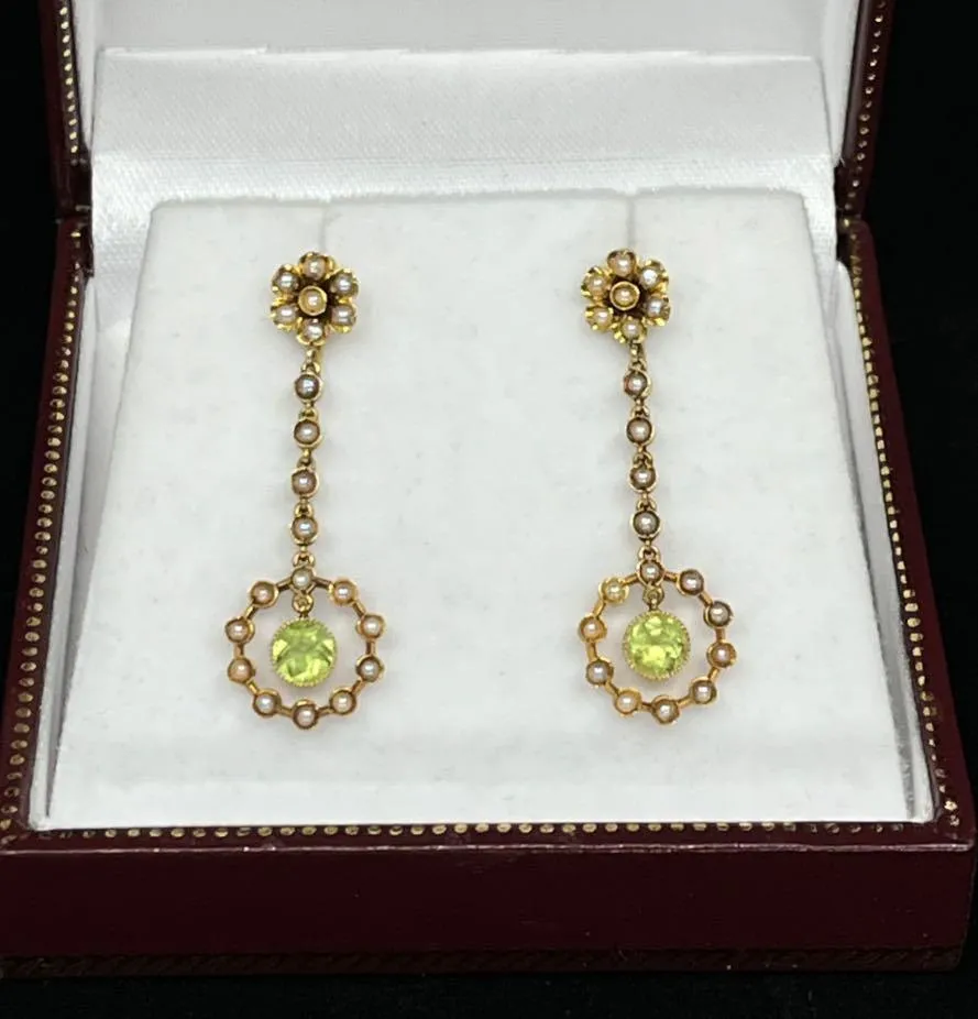 Edwardian Peridot and Pearl Drop Earrings