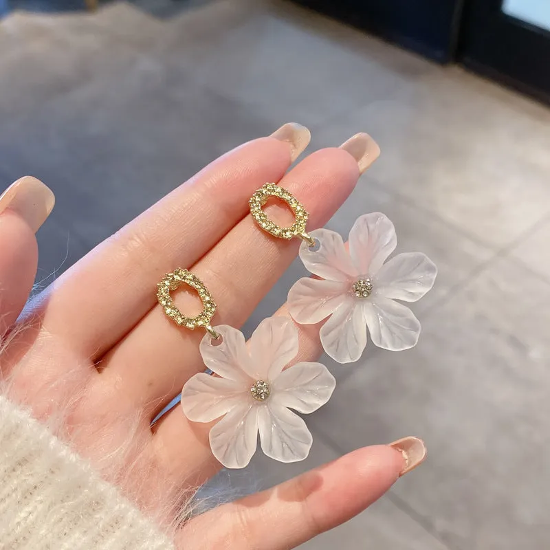 Elegant Frosted Floral Drop Earrings with Gold Crystal Studs jlt11867