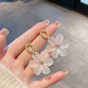 Elegant Frosted Floral Drop Earrings with Gold Crystal Studs jlt11867
