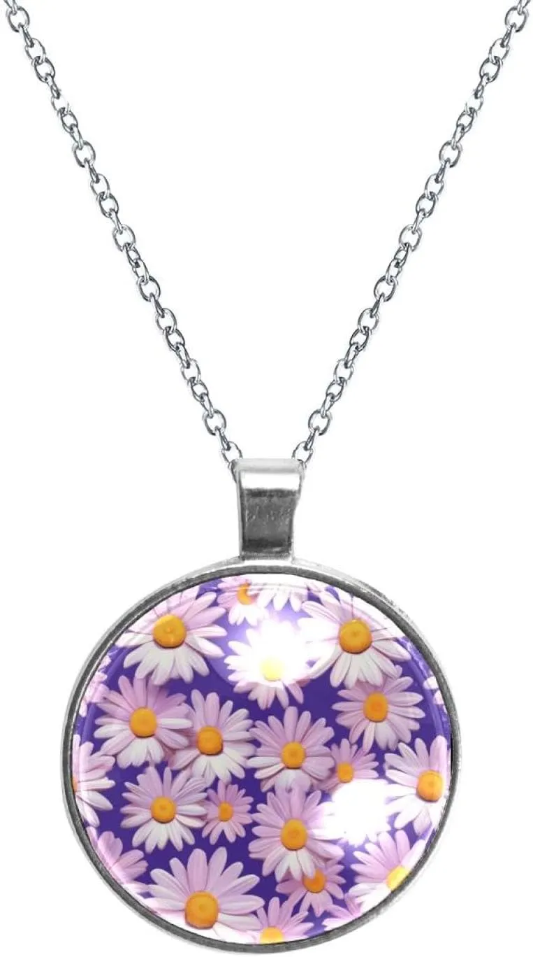 Elegant Little Daisy Glass Design Circular Pendant Necklace for Women, Stylish Womens Necklaces, Necklaces for Every Occasion