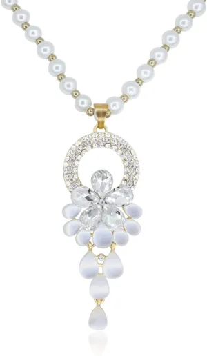 Elegant Rhinestone Flower Long Pendant Necklace for Women Pearl Chain Flower Crystal Pendant Necklaces Fashion Necklaces for Women Gift Gold Silver