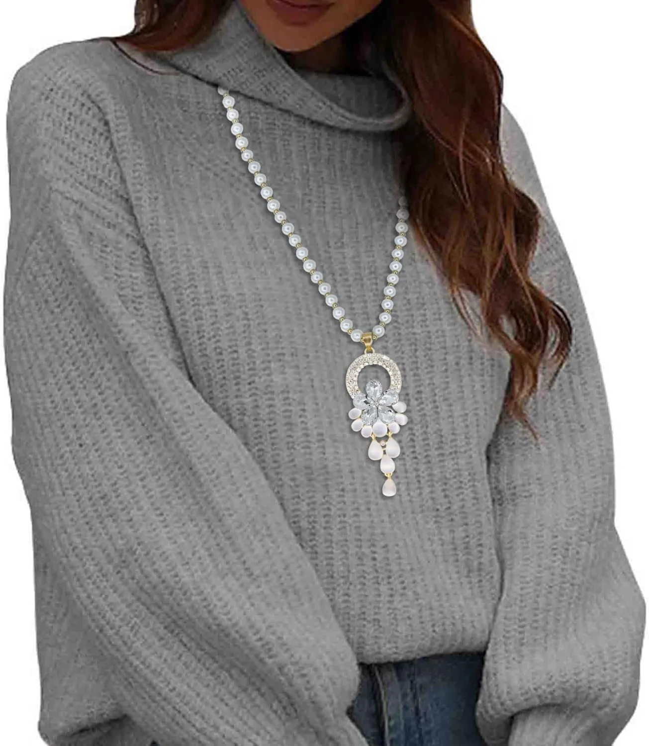 Elegant Rhinestone Flower Long Pendant Necklace for Women Pearl Chain Flower Crystal Pendant Necklaces Fashion Necklaces for Women Gift Gold Silver