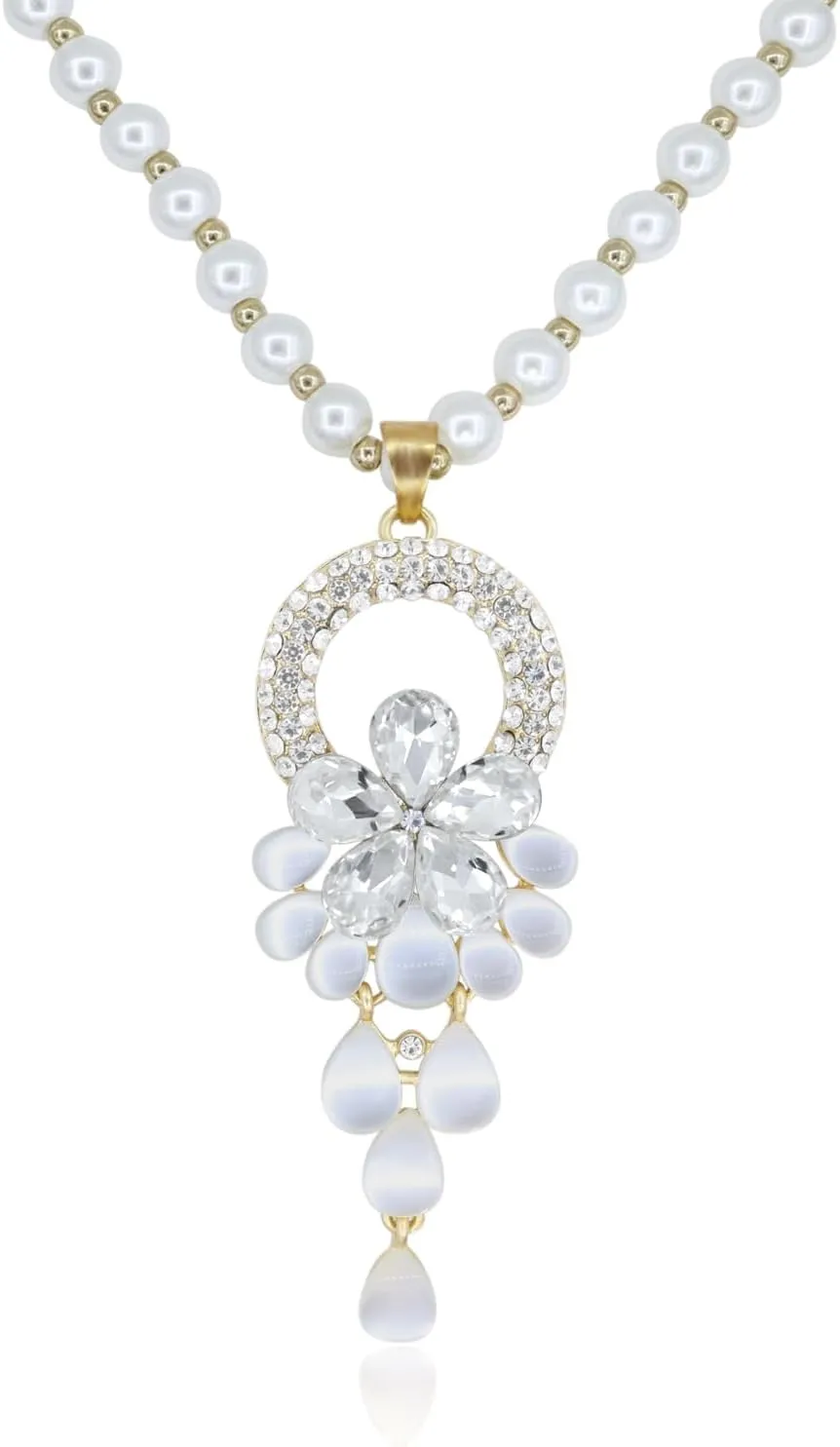 Elegant Rhinestone Flower Long Pendant Necklace for Women Pearl Chain Flower Crystal Pendant Necklaces Fashion Necklaces for Women Gift Gold Silver