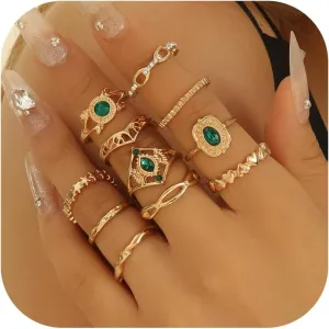 Emerald Studded Rhinestone Heart Rings for Women - 11Pcs Vintage Gold Ring Set with Green Gemstones - Gold Joint Knuckle Rings Midi Rings Set for Women Jewelry