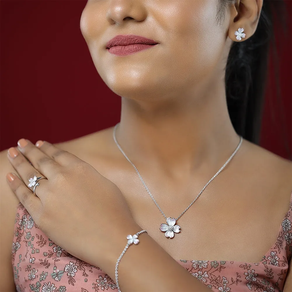 Enamel Pink Bloom Flower with Pearl Silver Studs