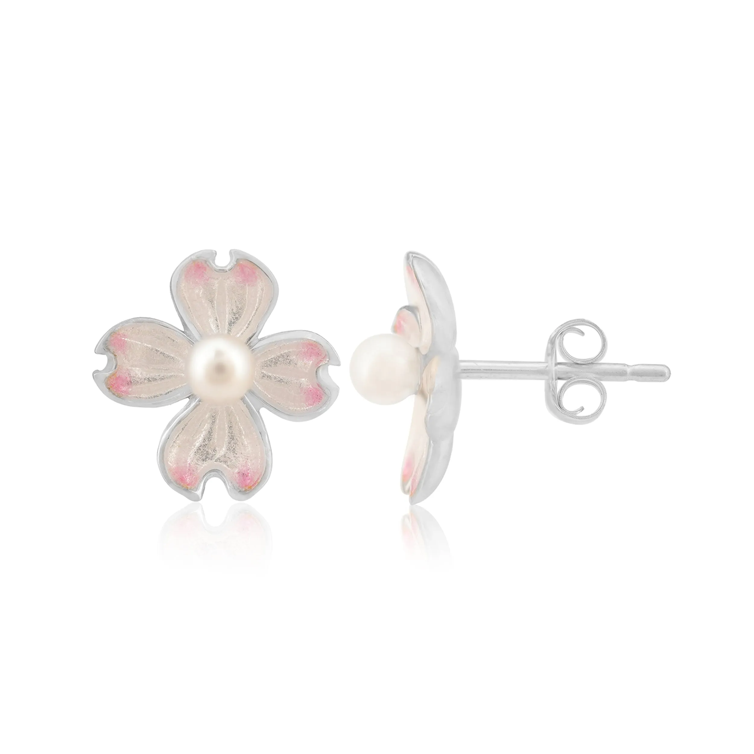 Enamel Pink Bloom Flower with Pearl Silver Studs