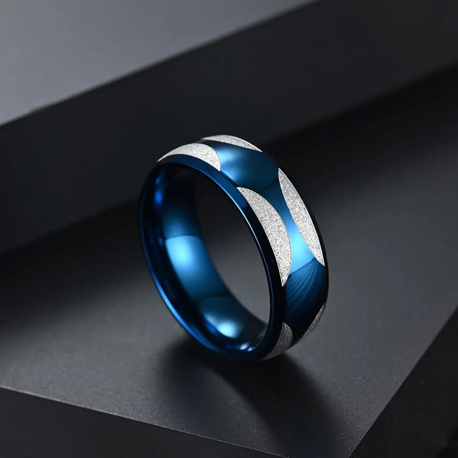 Engagement Ring with Wedding Band, Mens Stainless Steel Rings 2PCS Titanium Silver Blue Ring with Beveled Edge for Couple Engagement Jewelry