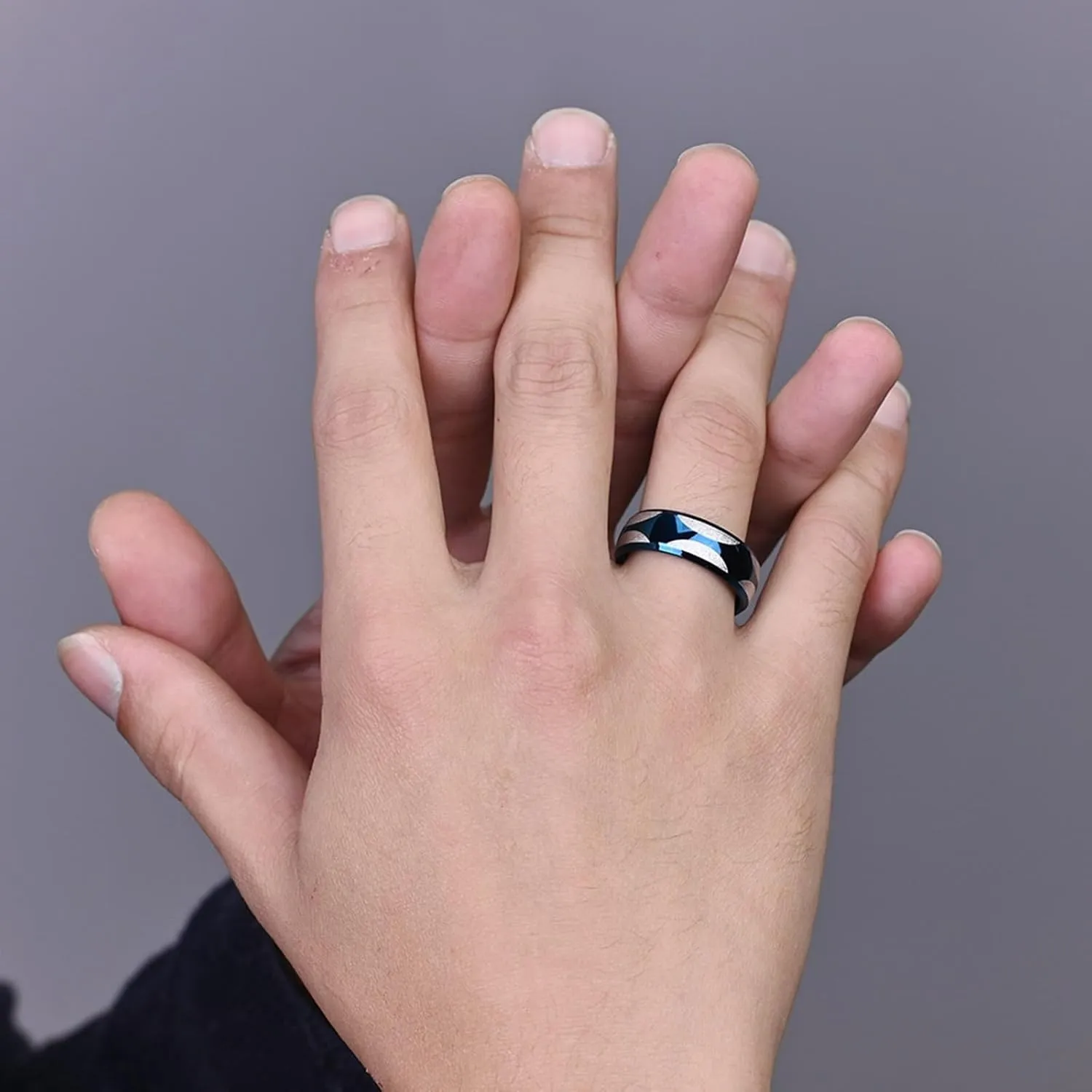 Engagement Ring with Wedding Band, Mens Stainless Steel Rings 2PCS Titanium Silver Blue Ring with Beveled Edge for Couple Engagement Jewelry