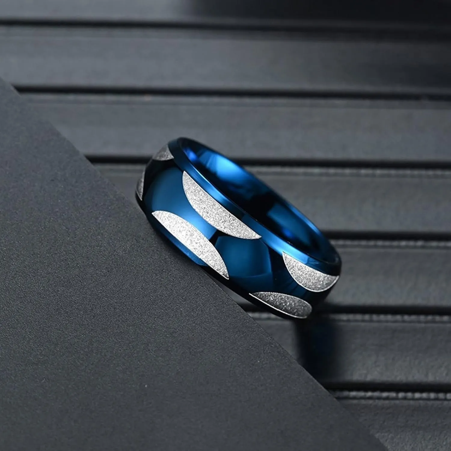 Engagement Ring with Wedding Band, Mens Stainless Steel Rings 2PCS Titanium Silver Blue Ring with Beveled Edge for Couple Engagement Jewelry