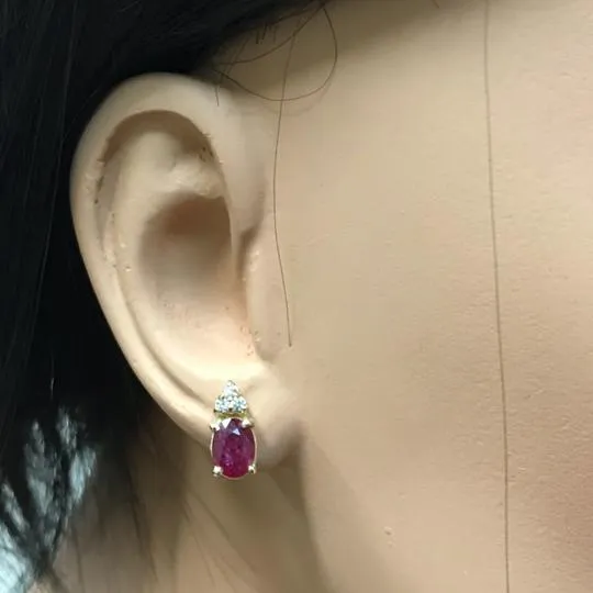 Exquisite 3.16 Carats Natural Untreated Red Ruby and Diamond 14K Solid Yellow Gold Stud Earrings