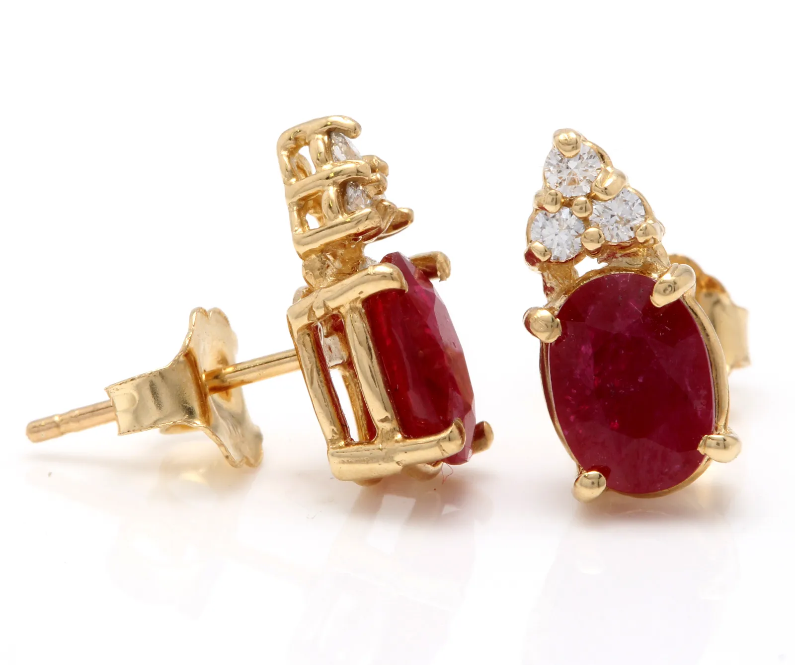 Exquisite 3.16 Carats Natural Untreated Red Ruby and Diamond 14K Solid Yellow Gold Stud Earrings