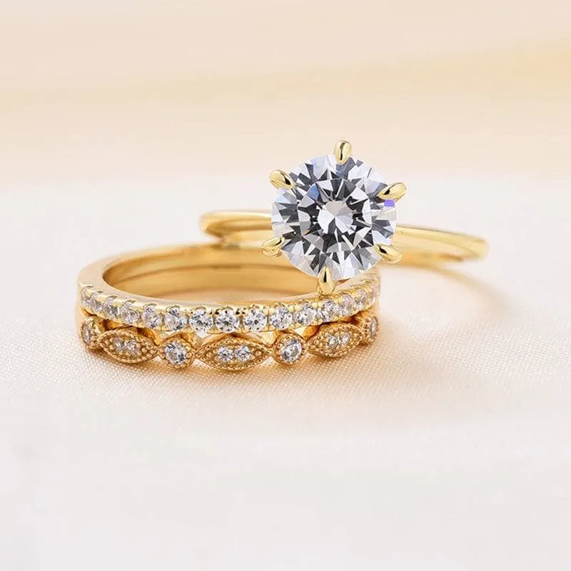 Exquisite Round Cut White Sapphire 3pcs Wedding Ring Set