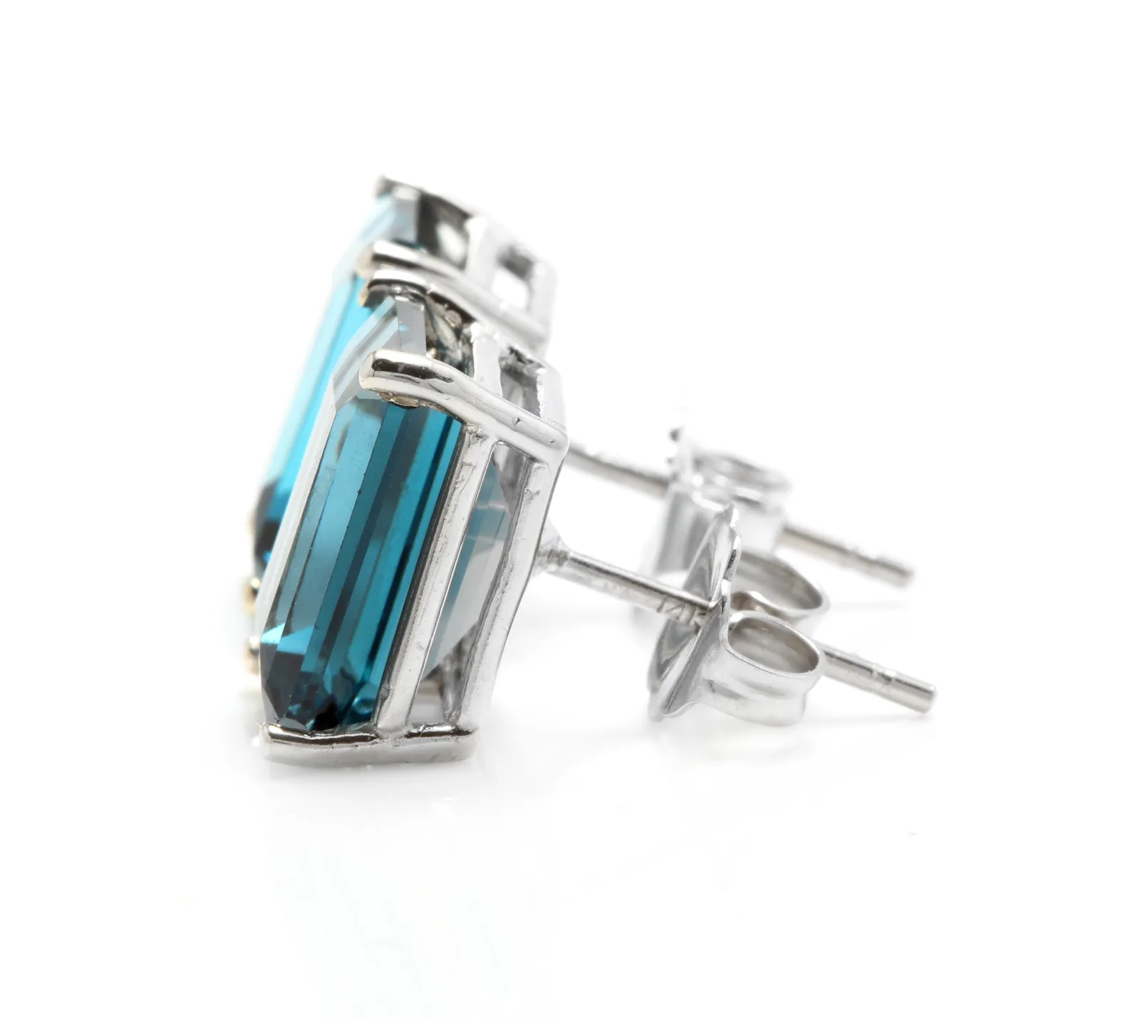 Exquisite Top Quality 7.45 Carats Natural London Blue Topaz 14K Solid White Gold Stud Earrings