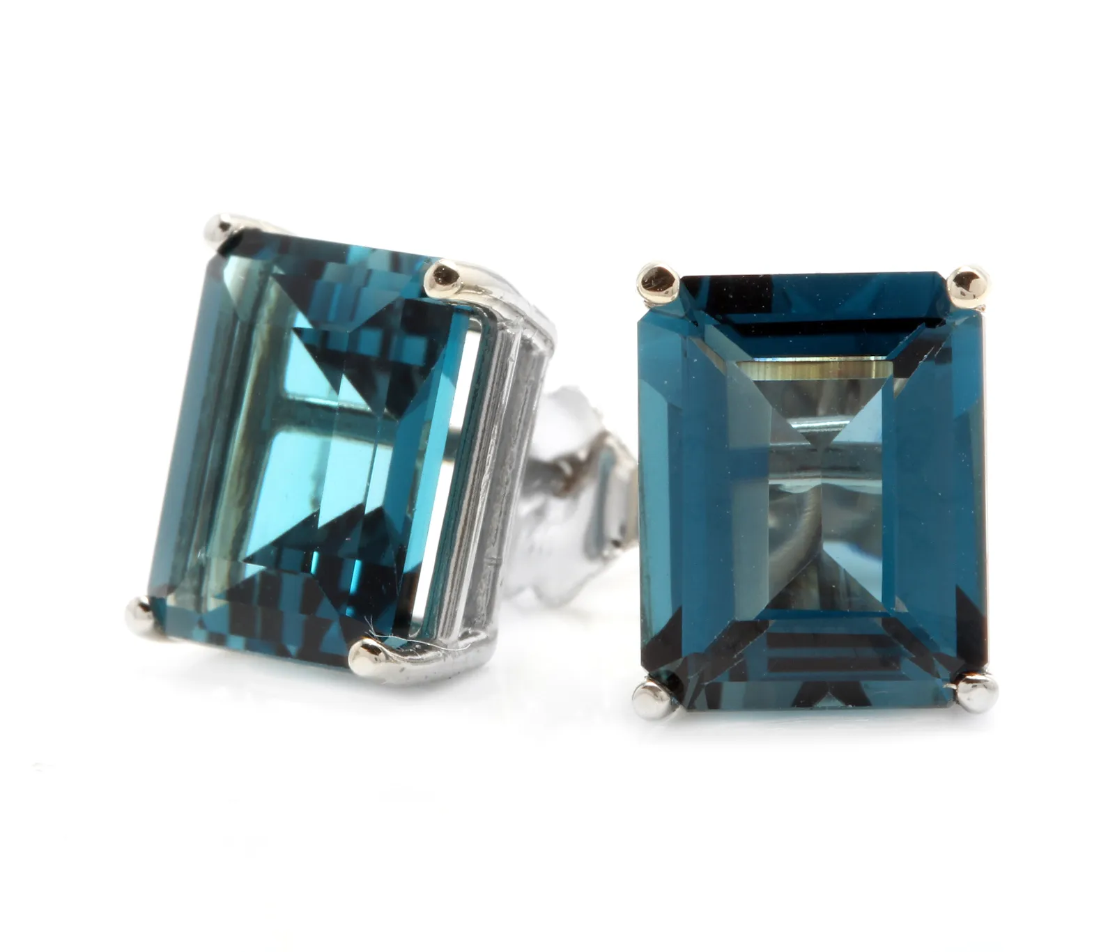 Exquisite Top Quality 7.45 Carats Natural London Blue Topaz 14K Solid White Gold Stud Earrings