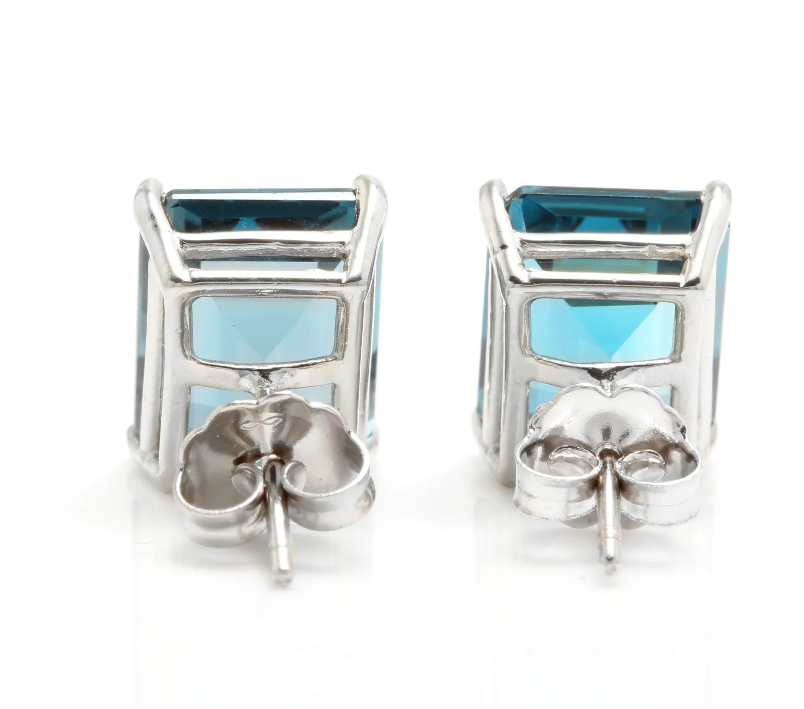 Exquisite Top Quality 7.45 Carats Natural London Blue Topaz 14K Solid White Gold Stud Earrings