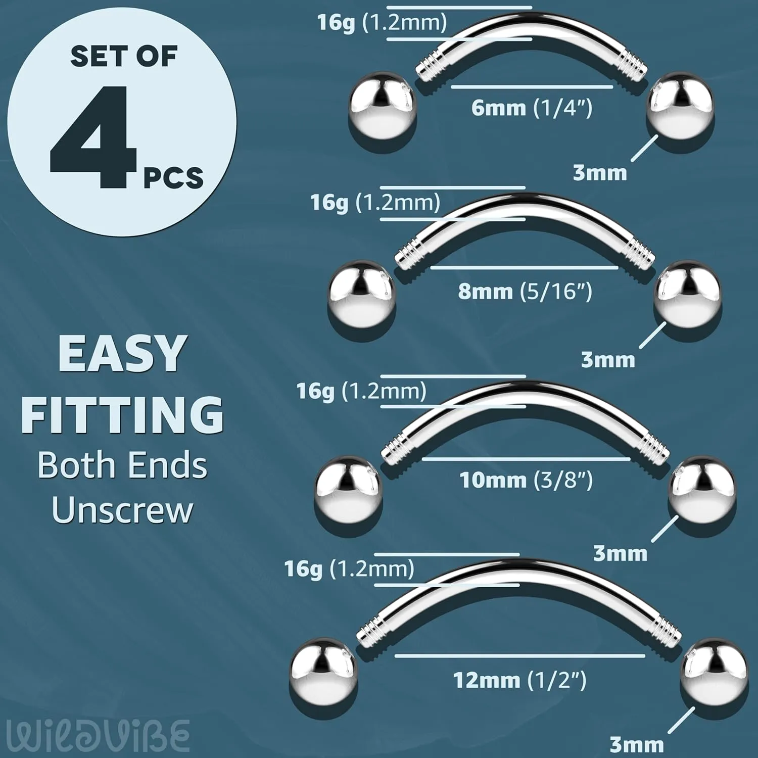 Eyebrow Piercing Jewelry 16g Curved Barbell - Surgical Steel Bridge Piercing Vertical Labret Lip Jewelry Eyebrow Rings For Women Men - Cartilage Earrings Tragus Daith Snug Rook Piercing Jewelry 4pcs