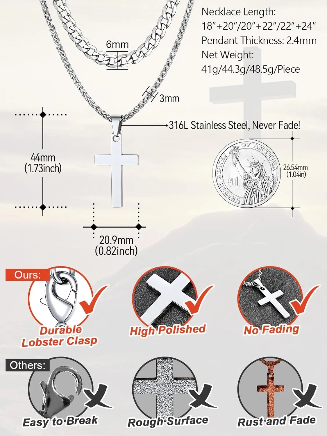 FaithHeart Cross Necklace for Men, Silver/Black/Gold Crucifix Necklace Stainless Steel Pendant with Cuban Chain Jesus Cross Necklaces Religious Gifts for Men