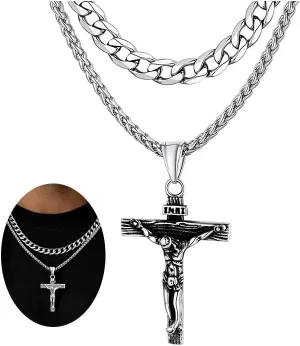 FaithHeart Cross Necklace for Men, Silver/Black/Gold Crucifix Necklace Stainless Steel Pendant with Cuban Chain Jesus Cross Necklaces Religious Gifts for Men
