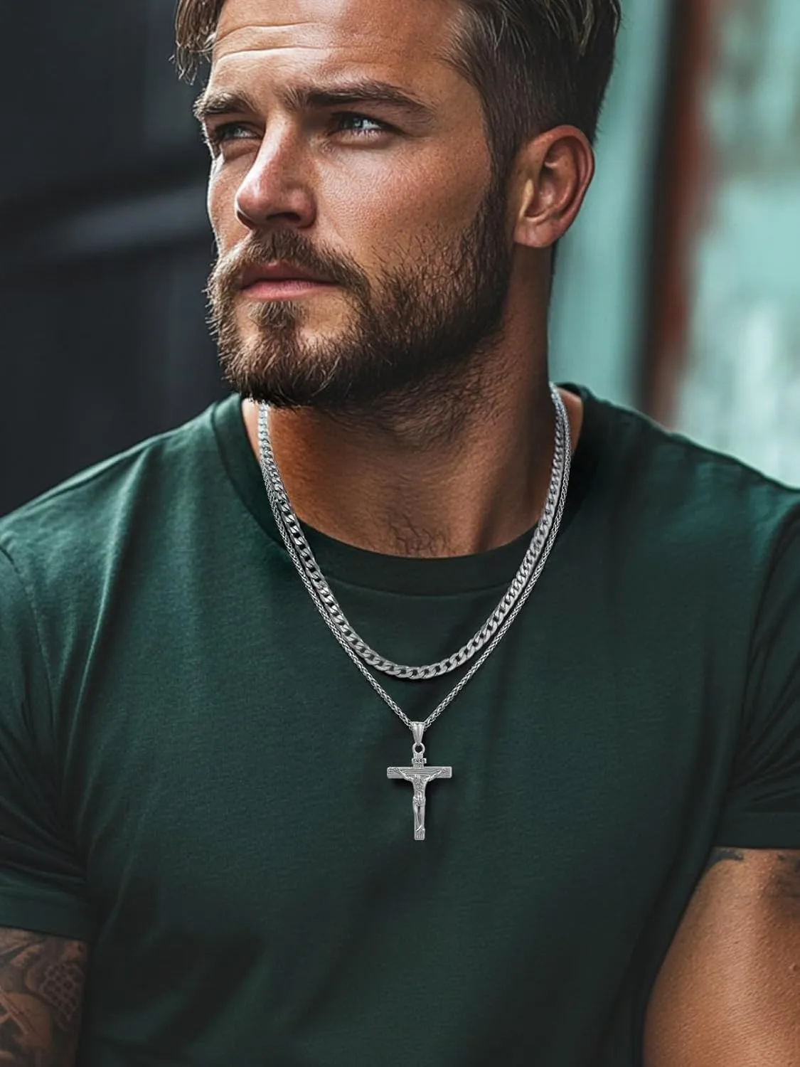 FaithHeart Cross Necklace for Men, Silver/Black/Gold Crucifix Necklace Stainless Steel Pendant with Cuban Chain Jesus Cross Necklaces Religious Gifts for Men