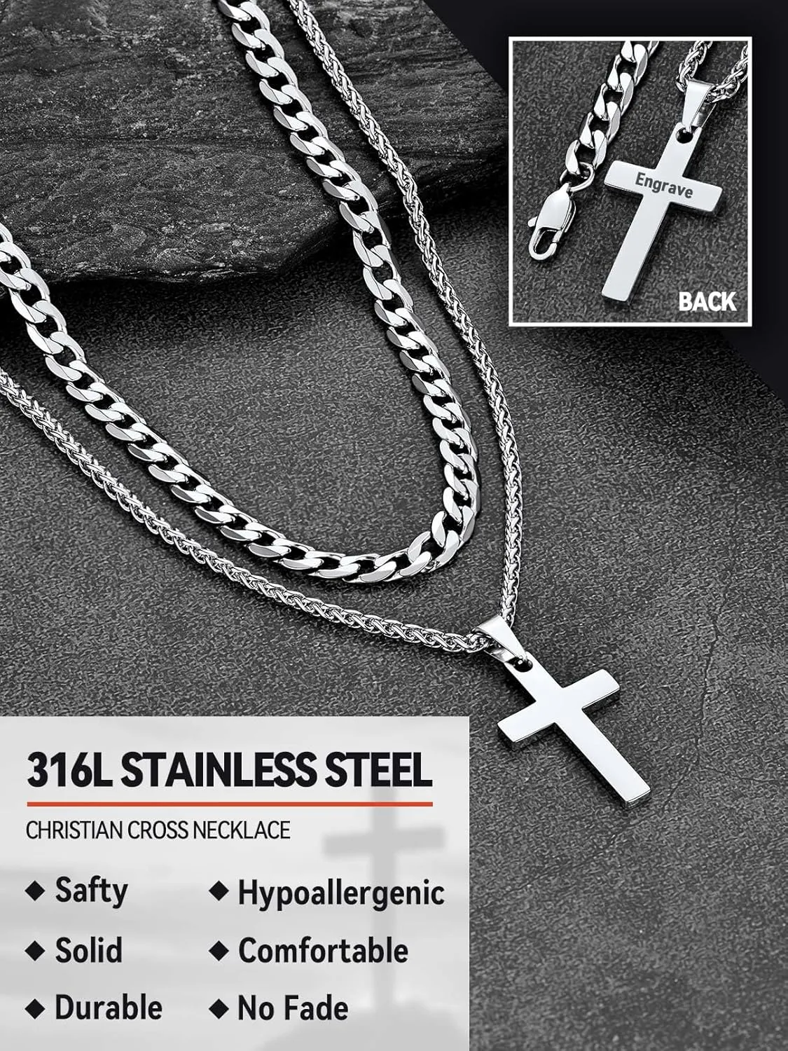 FaithHeart Cross Necklace for Men, Silver/Black/Gold Crucifix Necklace Stainless Steel Pendant with Cuban Chain Jesus Cross Necklaces Religious Gifts for Men