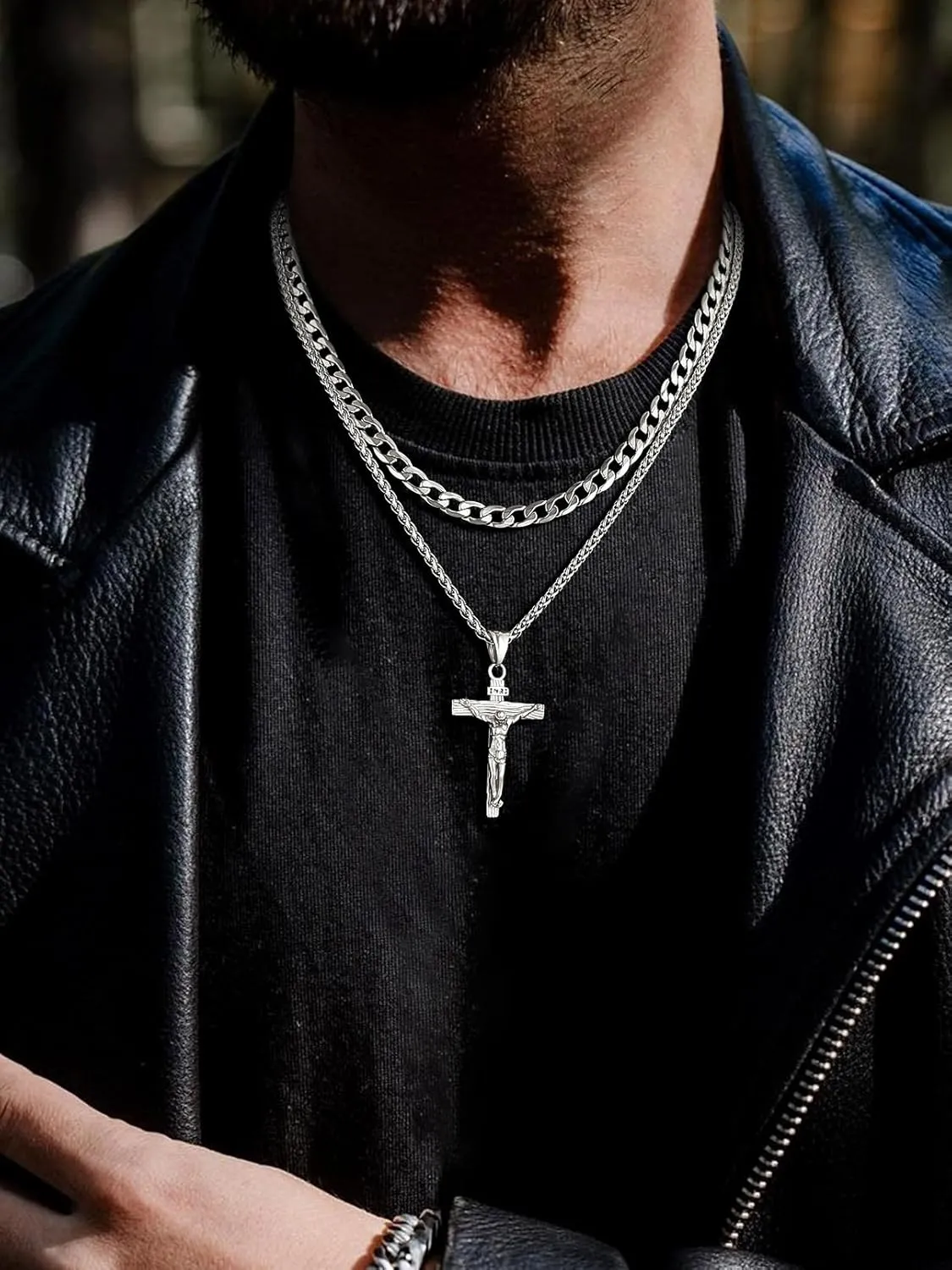 FaithHeart Cross Necklace for Men, Silver/Black/Gold Crucifix Necklace Stainless Steel Pendant with Cuban Chain Jesus Cross Necklaces Religious Gifts for Men