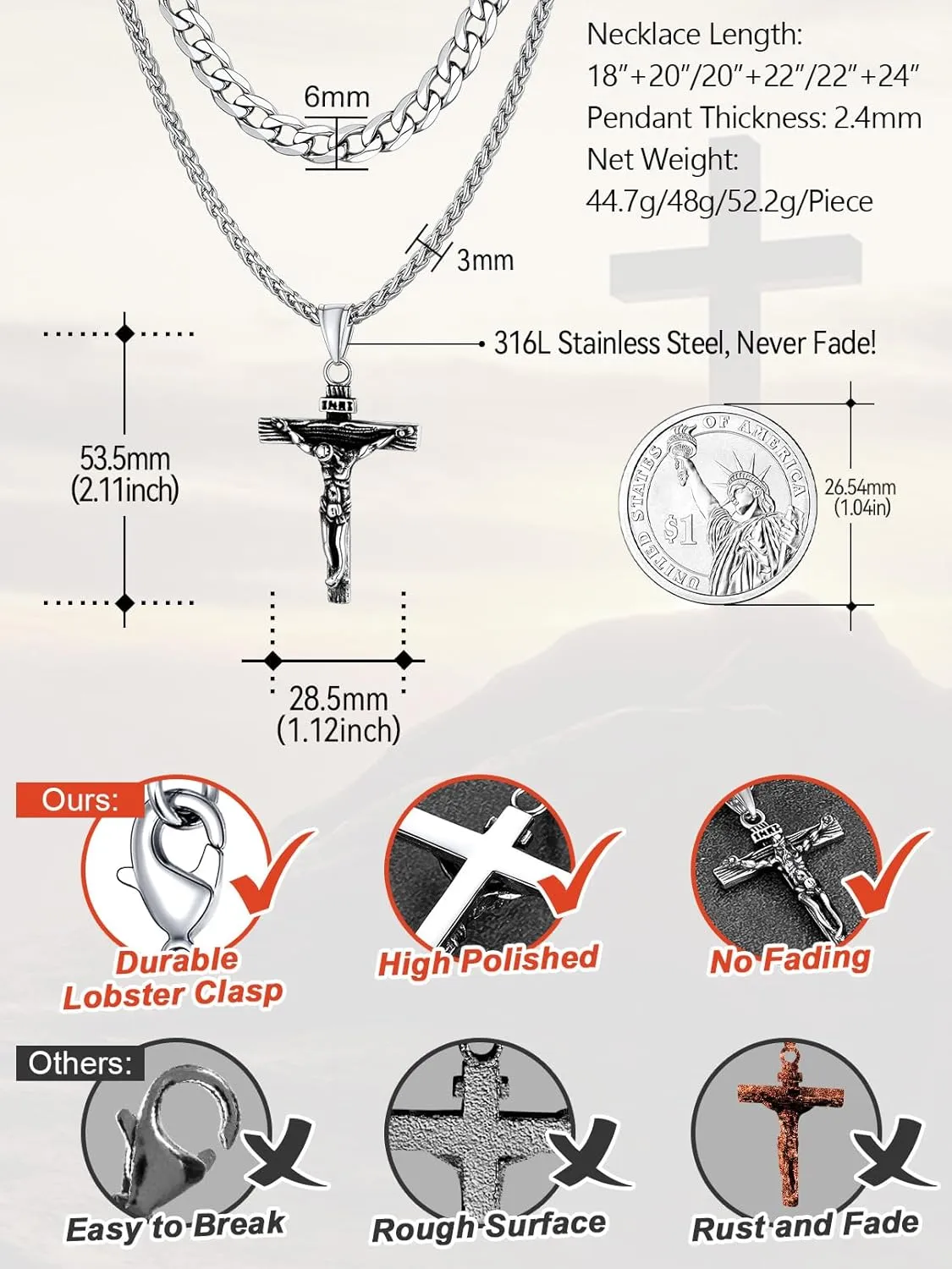 FaithHeart Cross Necklace for Men, Silver/Black/Gold Crucifix Necklace Stainless Steel Pendant with Cuban Chain Jesus Cross Necklaces Religious Gifts for Men