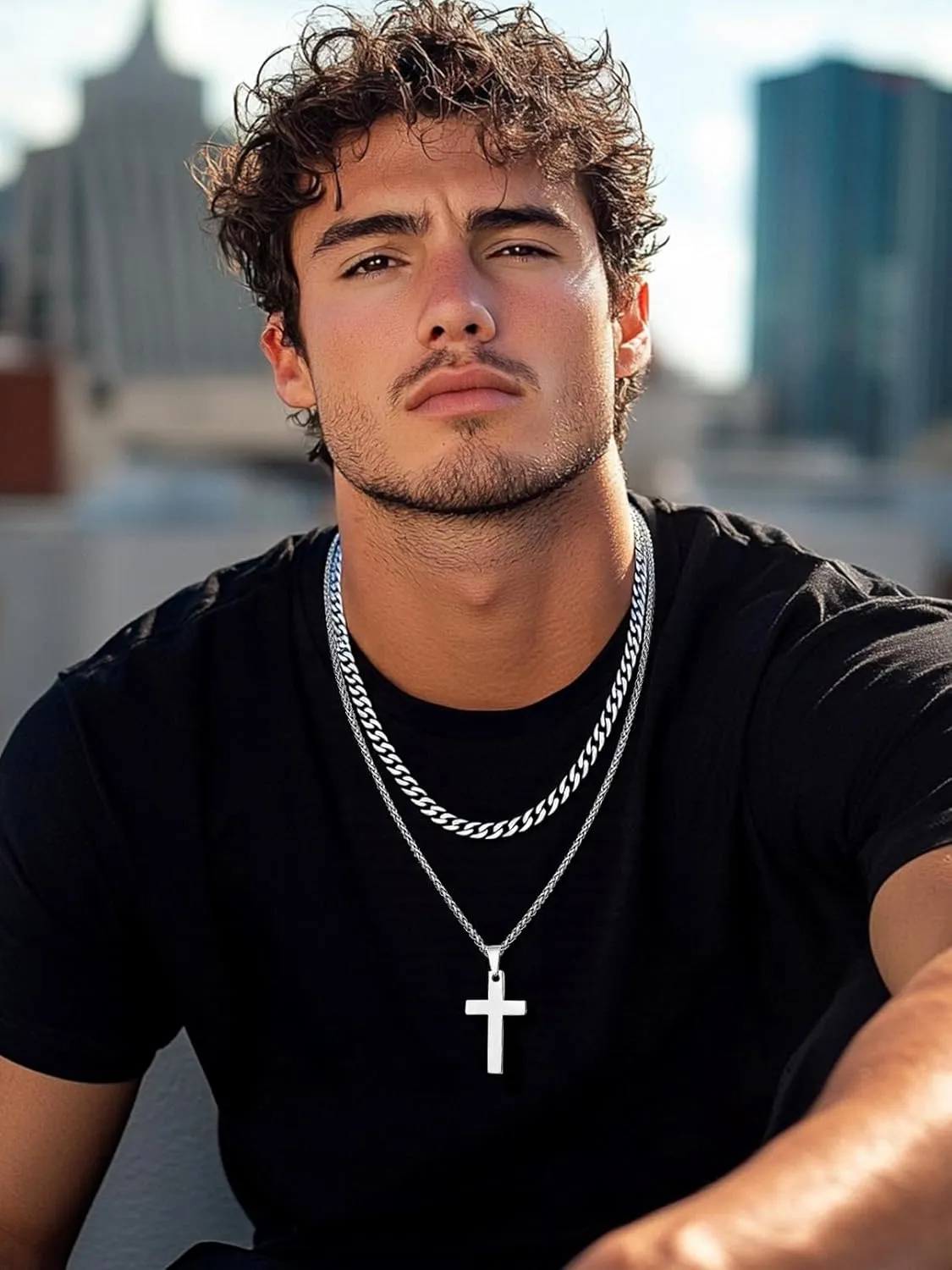 FaithHeart Cross Necklace for Men, Silver/Black/Gold Crucifix Necklace Stainless Steel Pendant with Cuban Chain Jesus Cross Necklaces Religious Gifts for Men