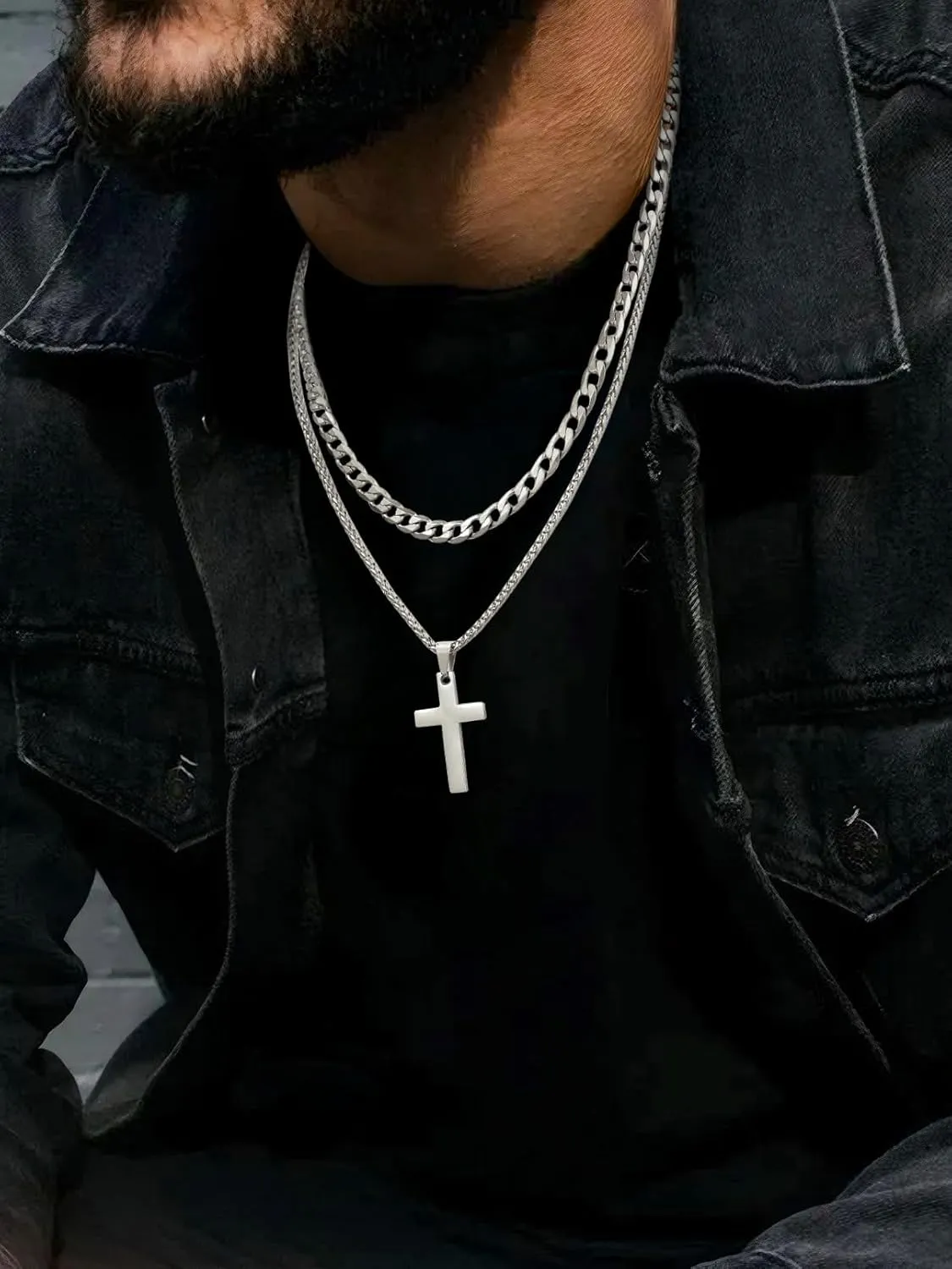 FaithHeart Cross Necklace for Men, Silver/Black/Gold Crucifix Necklace Stainless Steel Pendant with Cuban Chain Jesus Cross Necklaces Religious Gifts for Men