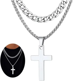 FaithHeart Cross Necklace for Men, Silver/Black/Gold Crucifix Necklace Stainless Steel Pendant with Cuban Chain Jesus Cross Necklaces Religious Gifts for Men