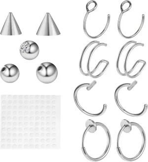 Fake Nose Ring Fake Lip Piercing Faux Eyebrow Piercings Small Earring Hoop no Pierced Stick on Bridge and Eyebrow Spring ClipFake Septum for Women Non Piercing Lip Ring