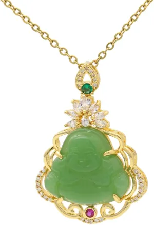 Fashion 18K Gold Plated Cubic Zirconia Necklace Alloy Faux Jade Laughing Buddha Pendant Necklace