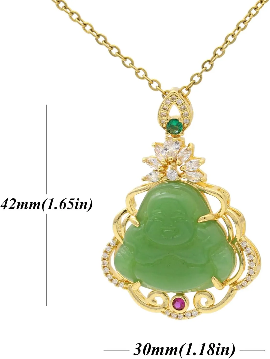 Fashion 18K Gold Plated Cubic Zirconia Necklace Alloy Faux Jade Laughing Buddha Pendant Necklace