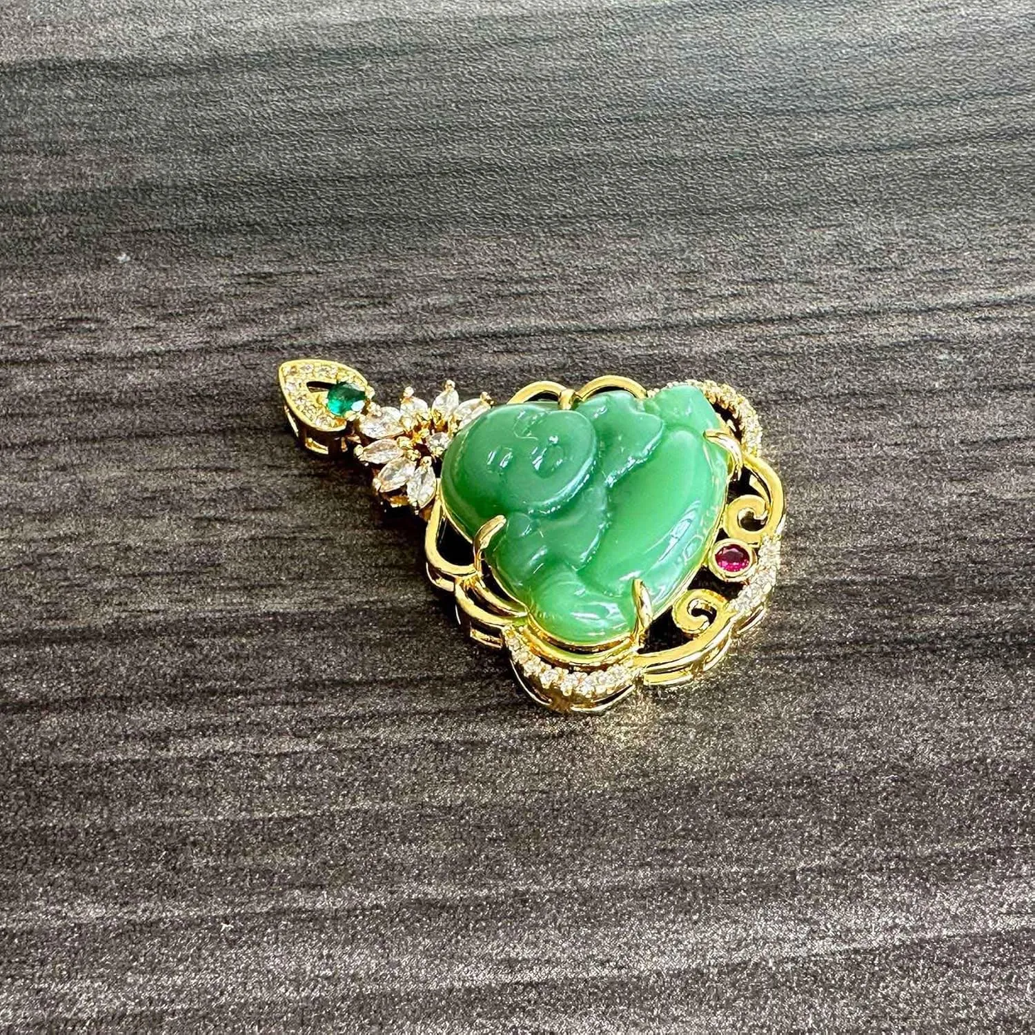 Fashion 18K Gold Plated Cubic Zirconia Necklace Alloy Faux Jade Laughing Buddha Pendant Necklace