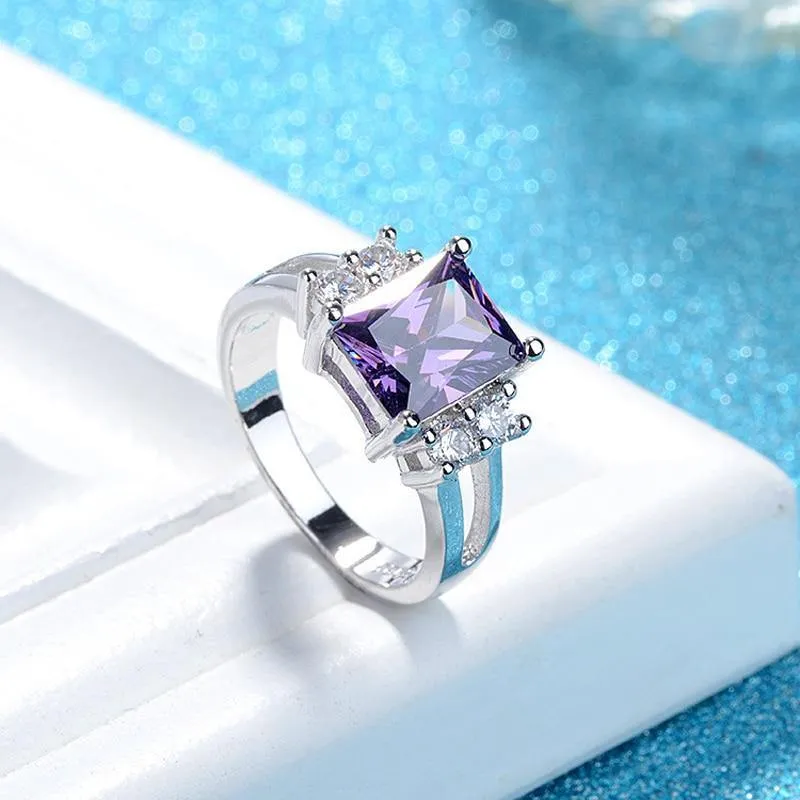 Fashion Jewelry Rectangle Amethyst AAA Zircon Crystals Ring