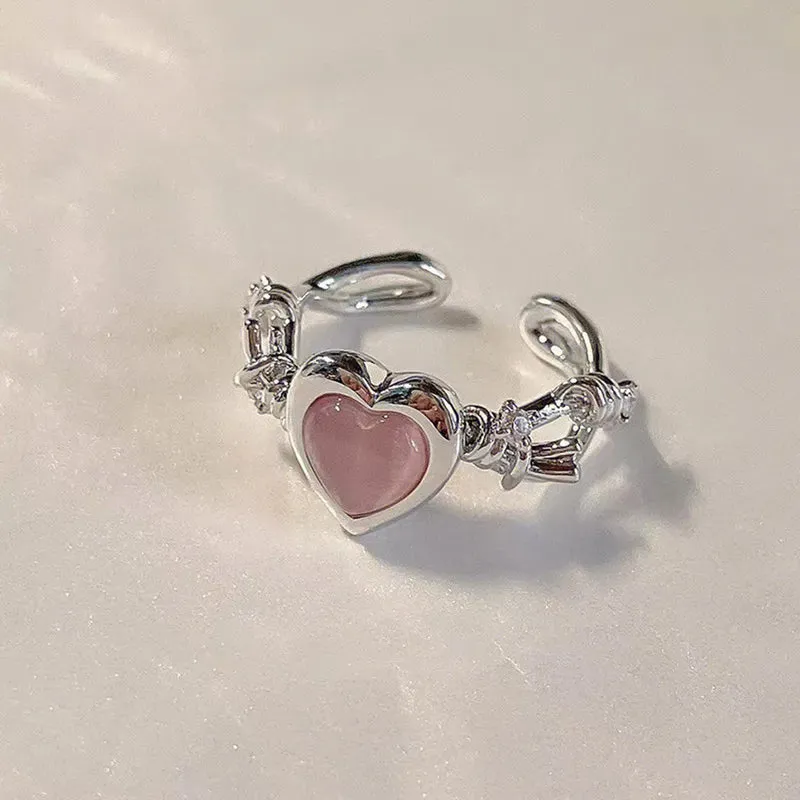 Fashion Princess Pink Crystal Bow Knot Rings Exquisite Y2K Sweet Girls Fairy Birthday Women Party Jewelry Gifts Accessories
