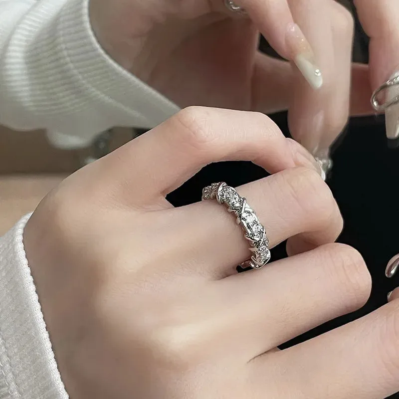 Fashion Princess Pink Crystal Bow Knot Rings Exquisite Y2K Sweet Girls Fairy Birthday Women Party Jewelry Gifts Accessories