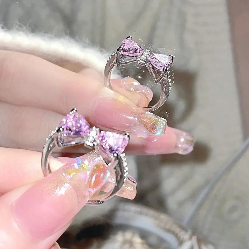 Fashion Princess Pink Crystal Bow Knot Rings Exquisite Y2K Sweet Girls Fairy Birthday Women Party Jewelry Gifts Accessories