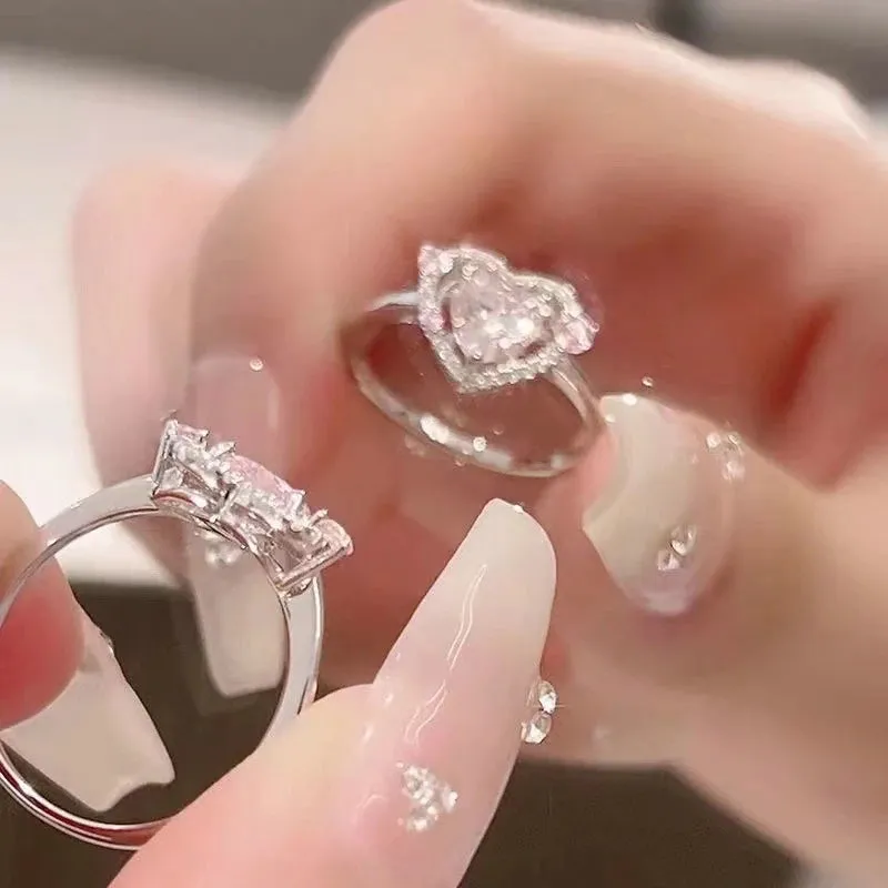 Fashion Princess Pink Crystal Bow Knot Rings Exquisite Y2K Sweet Girls Fairy Birthday Women Party Jewelry Gifts Accessories