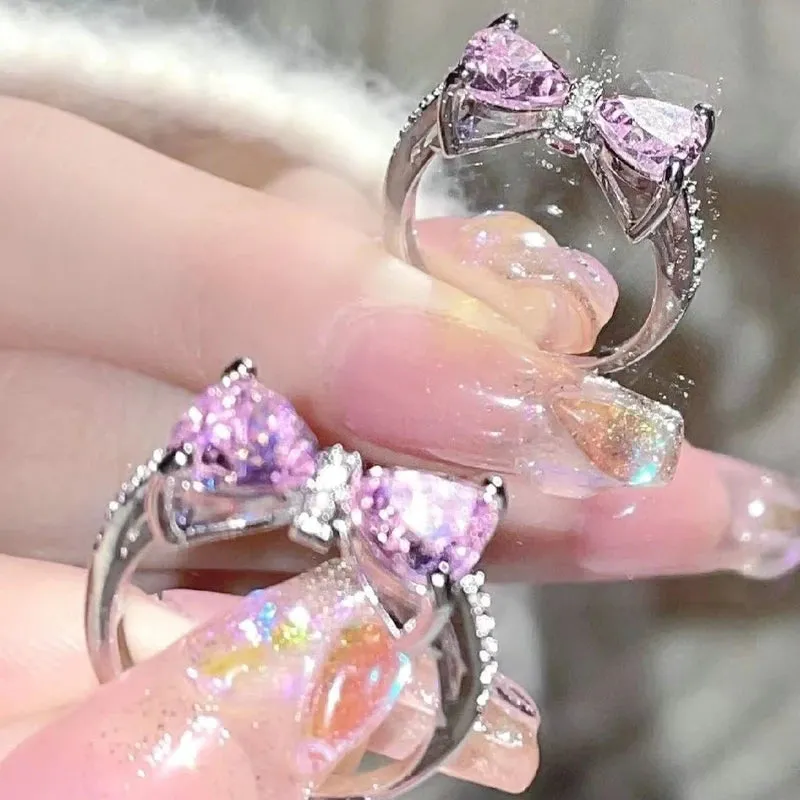 Fashion Princess Pink Crystal Bow Knot Rings Exquisite Y2K Sweet Girls Fairy Birthday Women Party Jewelry Gifts Accessories