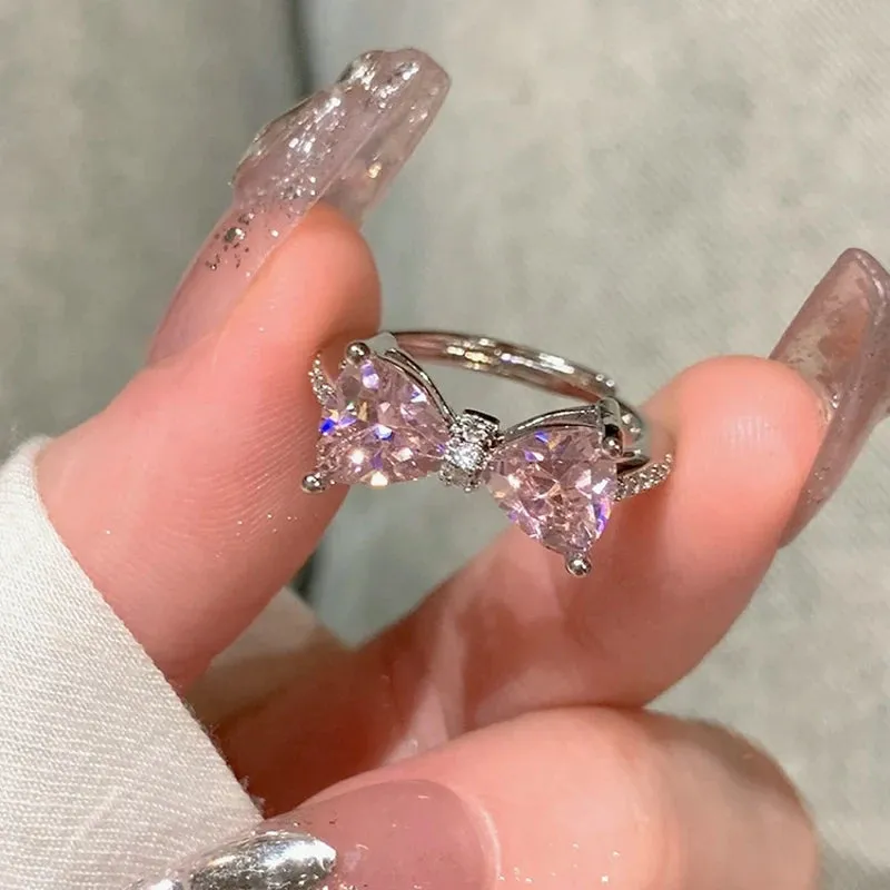 Fashion Princess Pink Crystal Bow Knot Rings Exquisite Y2K Sweet Girls Fairy Birthday Women Party Jewelry Gifts Accessories