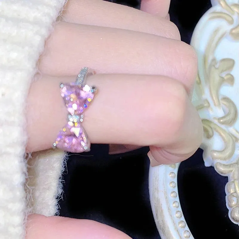 Fashion Princess Pink Crystal Bow Knot Rings Exquisite Y2K Sweet Girls Fairy Birthday Women Party Jewelry Gifts Accessories