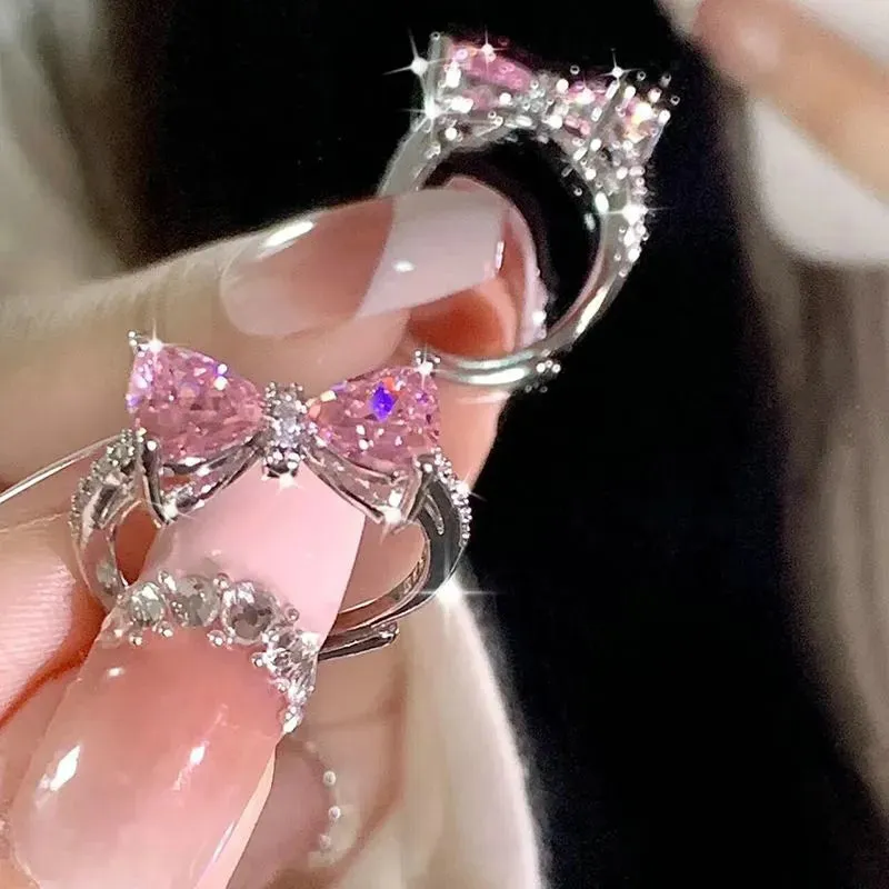 Fashion Princess Pink Crystal Bow Knot Rings Exquisite Y2K Sweet Girls Fairy Birthday Women Party Jewelry Gifts Accessories
