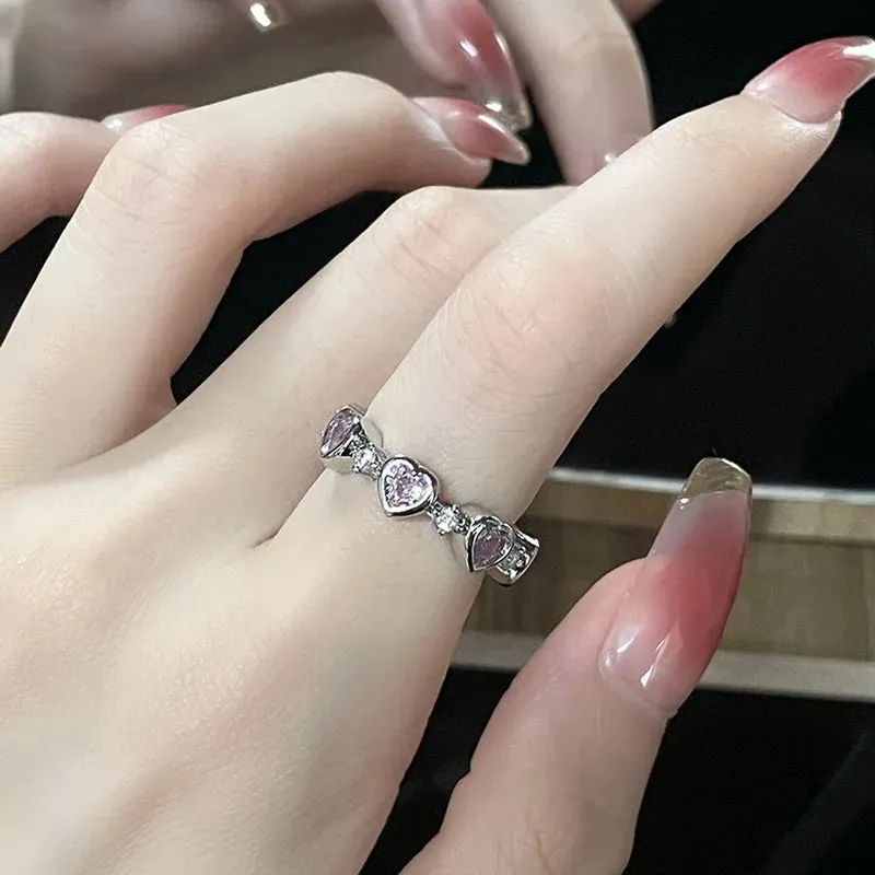 Fashion Princess Pink Crystal Bow Knot Rings Exquisite Y2K Sweet Girls Fairy Birthday Women Party Jewelry Gifts Accessories
