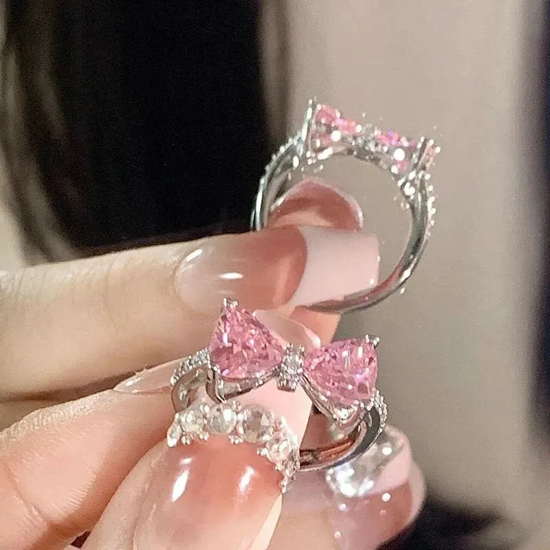 Fashion Princess Pink Crystal Bow Knot Rings Exquisite Y2K Sweet Girls Fairy Birthday Women Party Jewelry Gifts Accessories