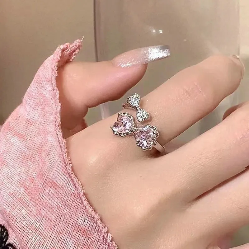 Fashion Princess Pink Crystal Bow Knot Rings Exquisite Y2K Sweet Girls Fairy Birthday Women Party Jewelry Gifts Accessories