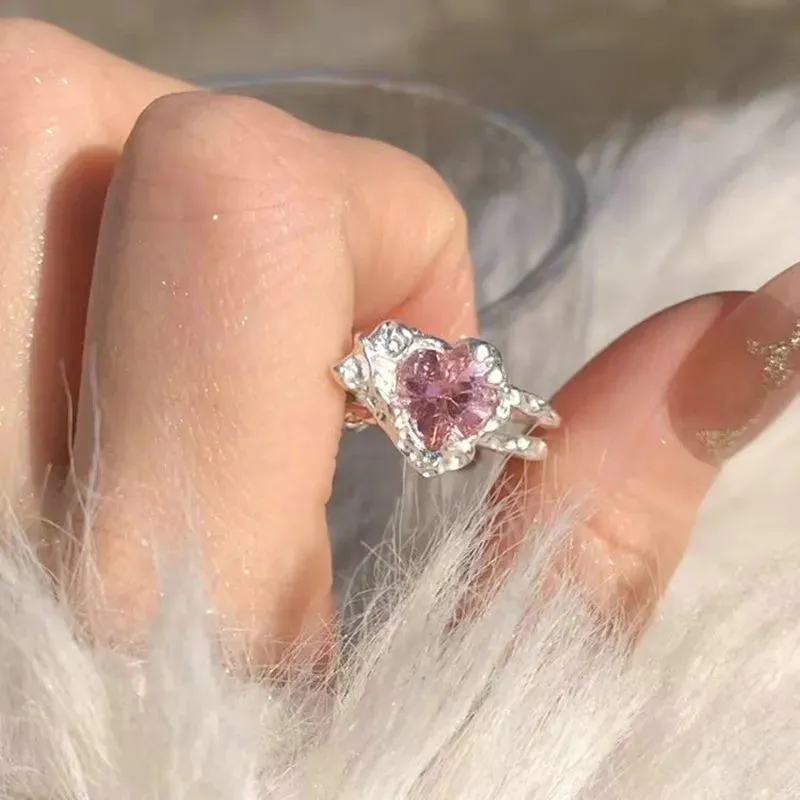Fashion Princess Pink Crystal Bow Knot Rings Exquisite Y2K Sweet Girls Fairy Birthday Women Party Jewelry Gifts Accessories