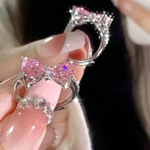 Fashion Princess Pink Crystal Bow Knot Rings Exquisite Y2K Sweet Girls Fairy Birthday Women Party Jewelry Gifts Accessories