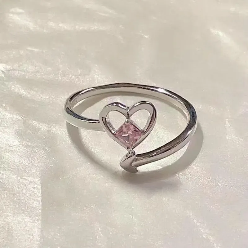 Fashion Princess Pink Crystal Bow Knot Rings Exquisite Y2K Sweet Girls Fairy Birthday Women Party Jewelry Gifts Accessories